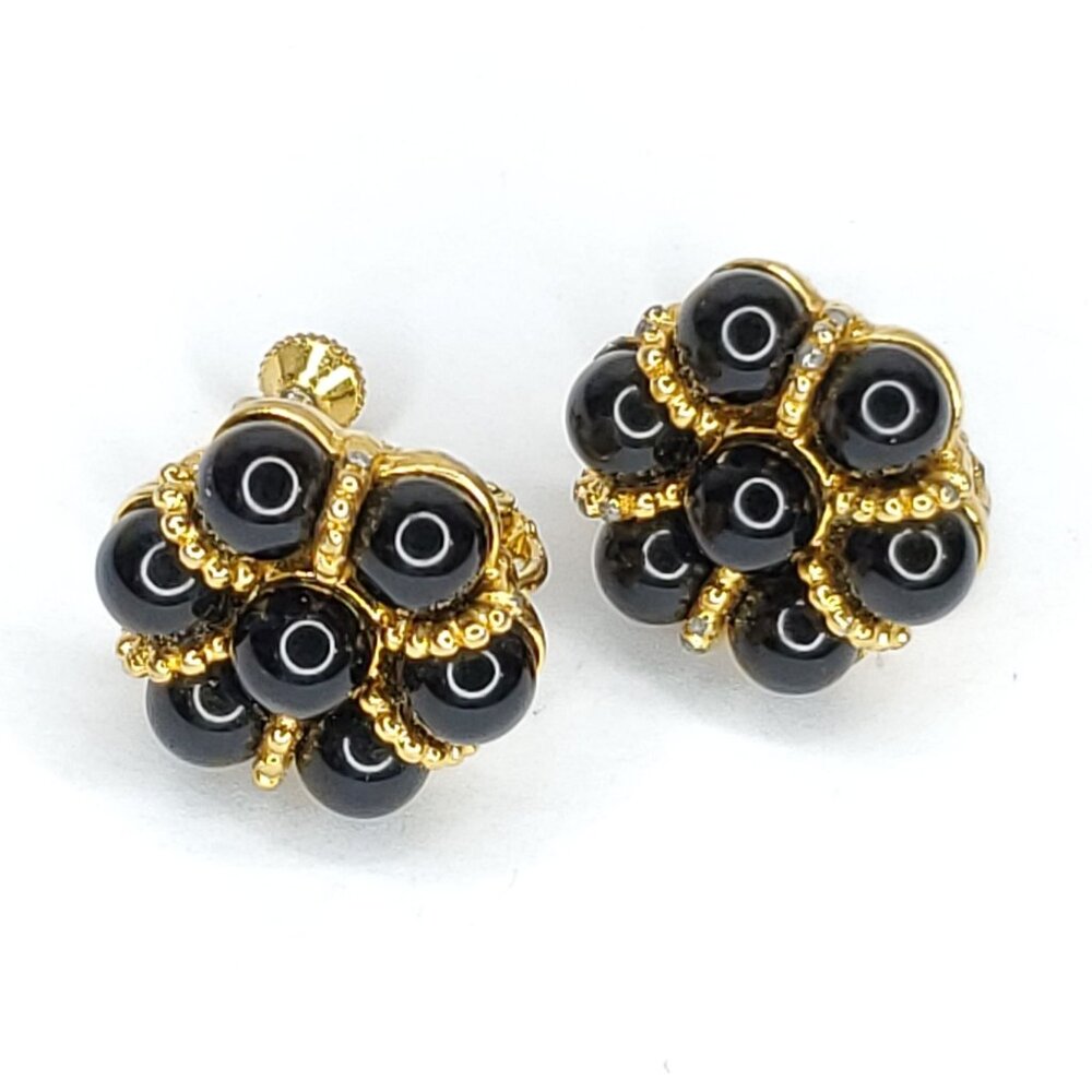 Vintage Napier Earrings Black Beads Gold Tone Spring Clip 3/4"